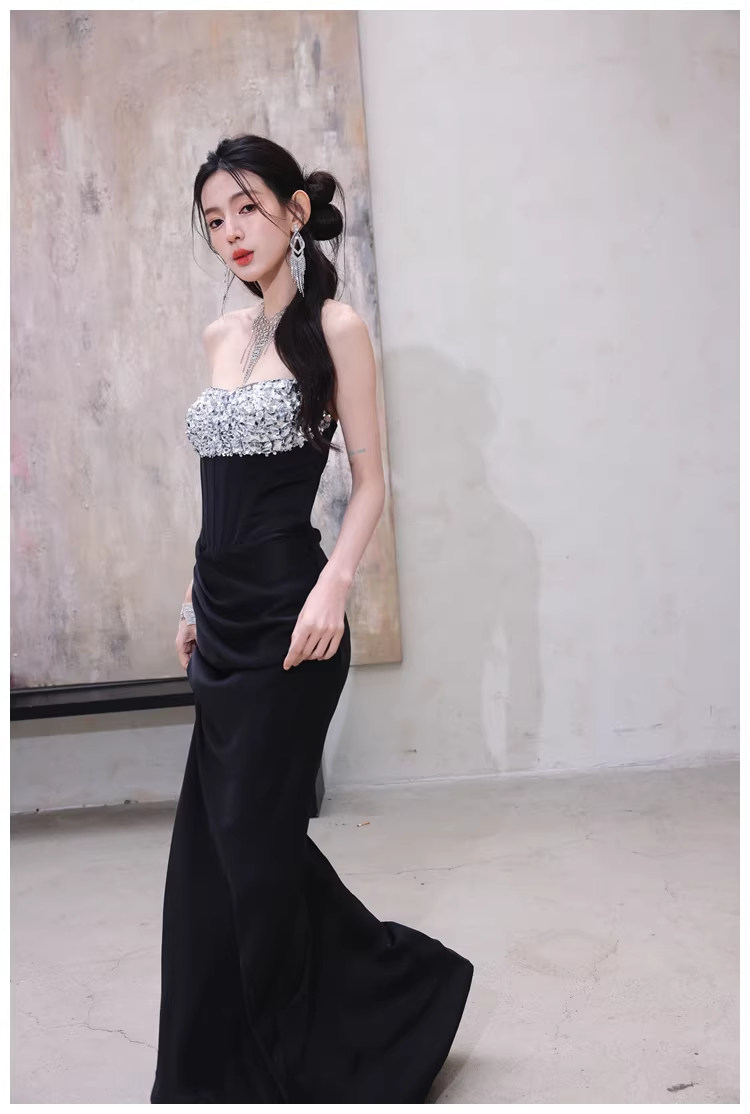 Fashion Black Strapless Satin Sequin Beaded Mermaid Evening Dress Long Wedding Guest Dress D2453