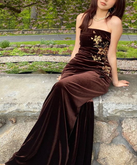 Vintage Strapless Brown Velvet Sequin Beaded Mermaid Party Dress Long Wedding Guest Dress D1860