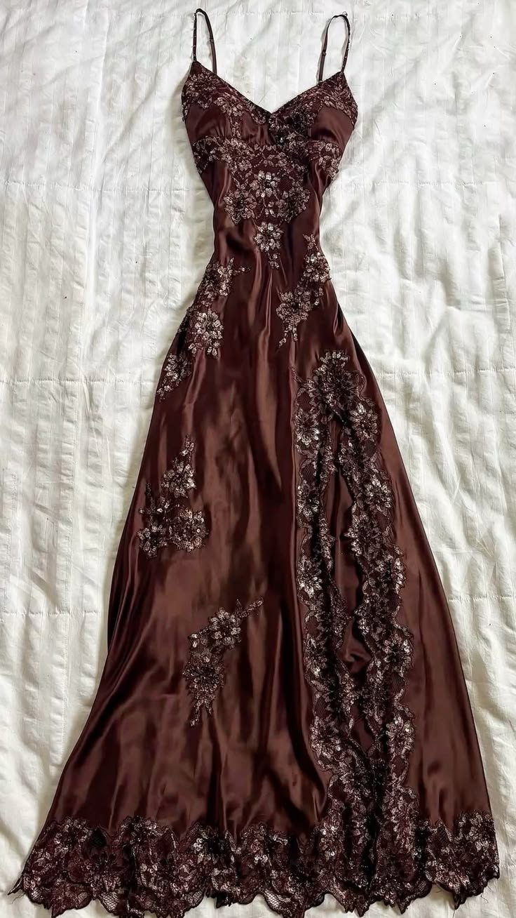 Vintage Spaghetti Straps Brown Satin Sequin Floral Slit Long Prom Dress Birthday Party Dress D4991