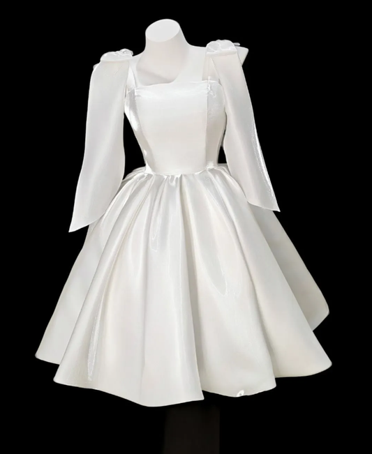 Classy White Spaghetti Straps Satin Pleated A Line Short Homecoming Dress Birthday Outfits D2342
