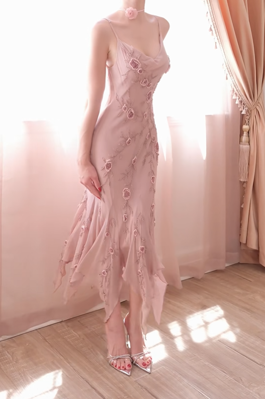 Classy Pink Spaghetti Straps Chiffon Floral Mermaid Long Party Dress Prom Dress D2741