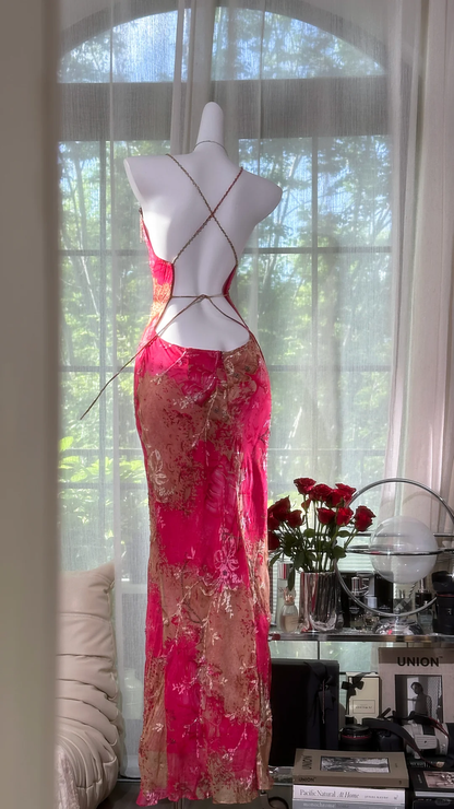 Pretty Spaghetti Straps Red Chiffon Printed Floral Beaded Mermaid Evening Dress Long Prom Gown D865