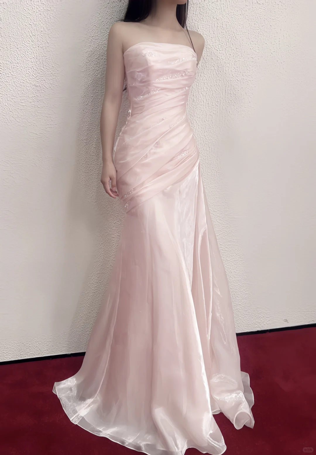 Shiny Pink Organza Pleated Mermaid Long Party Dress Strapless Long Prom Gown D5087