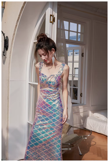 Glitter Spaghetti Straps Sequin Mermaid Long Party Dress Evening Gown With Bow D2448
