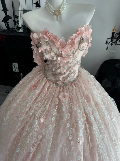 Cute Pink Off The Shoulder Tulle Sequin Floral Beaded Quinceanera Dress Sweet 15 16 Dress With Appliques D4718