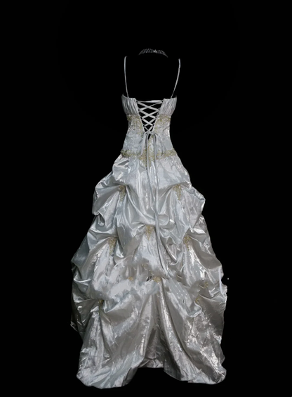 Chic Ball Gown Spaghetti Straps White Satin Pleated Beaded  Long Party Dress Evening Dress D4514