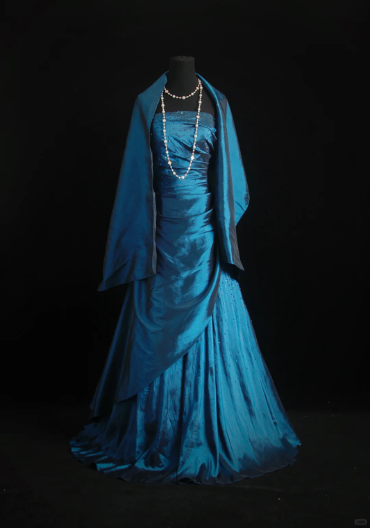 Vintage Blue Strapless Satin Beaded Long Prom Dress Party Dress D2853