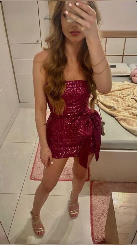 Glitter Strapless Sequin Bow Short 15th Birthday Outfits,Burgundy Mini Homecoming Dress D4129