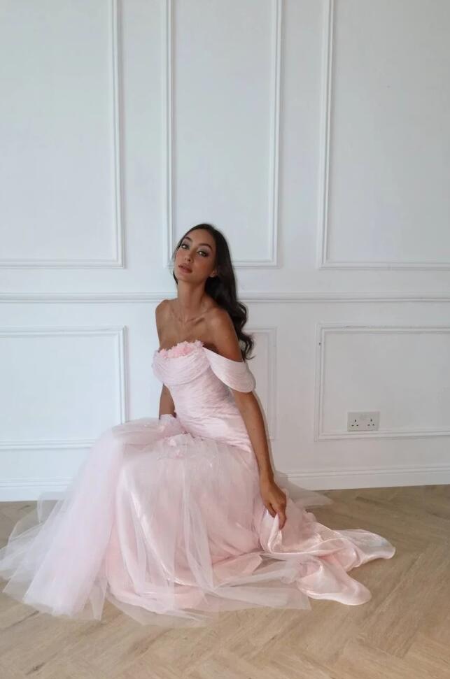 Pretty Pink Off The Shoulder Tulle Appliques Mermaid Long Party Dress Evening Gowns D5132