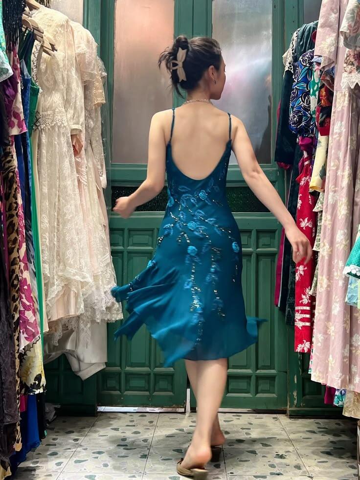 Vintage Peacock Blue Chiffon Beaded Floral Long Party Dress,Spaghetti Straps Mermaid Evening Gown D3478