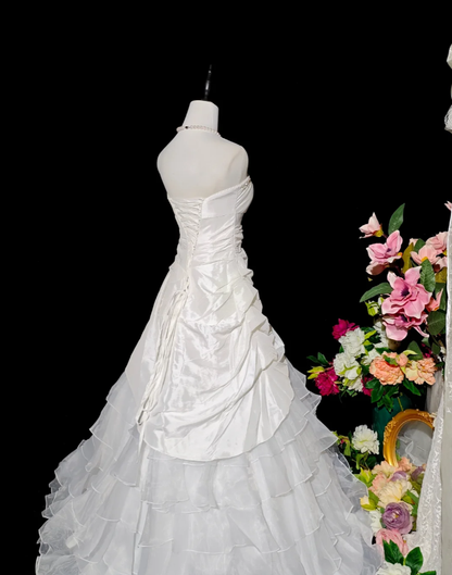 Pretty Strapless White Satin Tulle Beaded Ruffle Layered Mermaid Evening Dress Long Birthday Prom Dress D2375