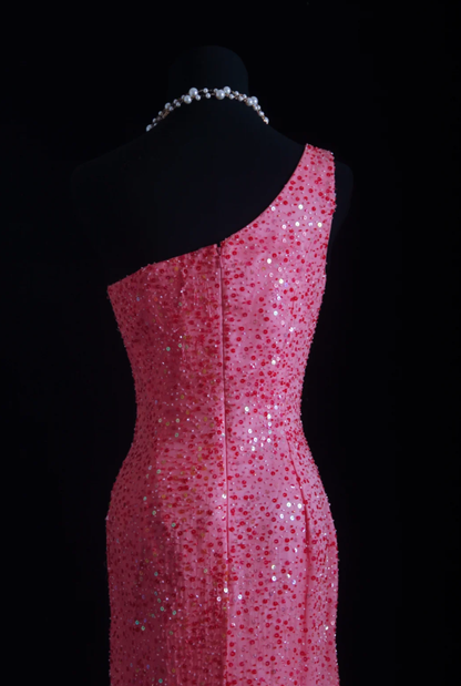 Gorgeous Pink One Shoulder Sequin Beaded Slit Mermaid Long Party Dress Evening Gown D1681