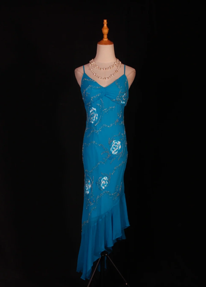 Pretty Blue Spaghetti Straps Embroidery Floral Chiffon Beaded Mermaid Long Prom Dress Party Gowns D2279