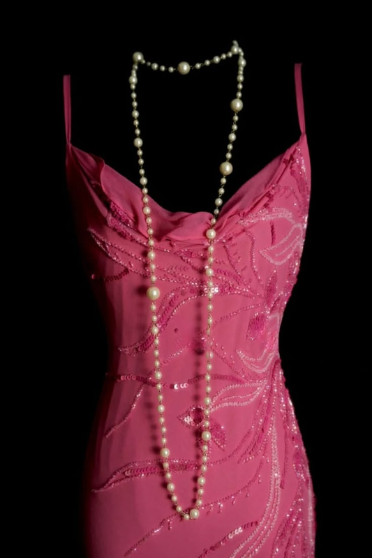 Charming Pink Chiffon Sequin Beaded Mermaid Party Dress,Spaghetti Straps Long Evening Dress D3435