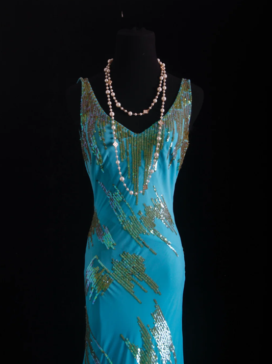 Unique Sleeveless Blue Satin Sequin Mermaid Evening Dress Long Birthday Party Dress Prom Gown D2006