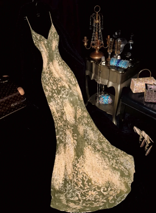 Vintage Spaghetti Straps Green Chiffon Print Floral Beaded Mermaid Evening Dress Long Party Dress D1266