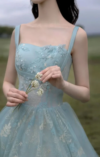 Beautiful A line Straps Sage Green Long Tulle Prom Dress SD1490
