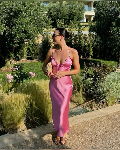 Sexy Spaghetti Straps Satin Long Wedding Guest Dress,Hot Pink Backless Long Party Dress D3486