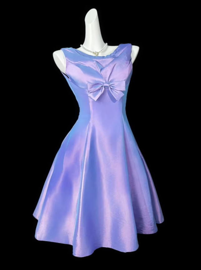 Sexy Satin Bow A Line Short Cocktail Dress,Purple Short 8th Grade Homecoming Dress D4206