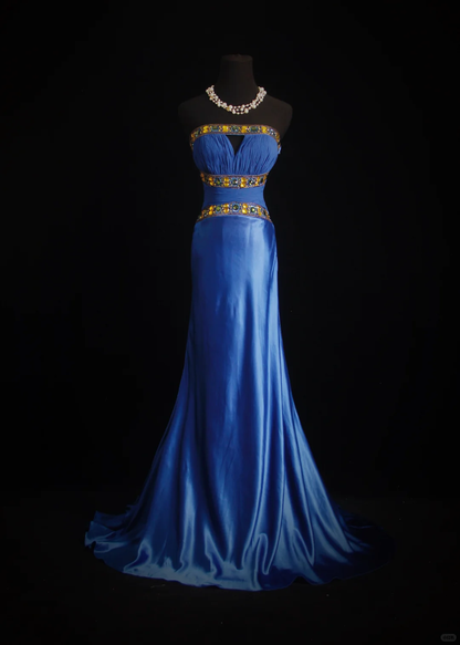 Elegant Strapless Blue Satin Chiffon Beaded Mermaid Long Evening Dress Birthday Party Dress D2855