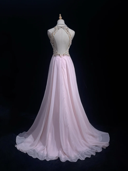 Classy Halter Chiffon Beaded Mermaid Formal Wedding Guest Dress,Pink Long Evening Dress Party Dress D2071