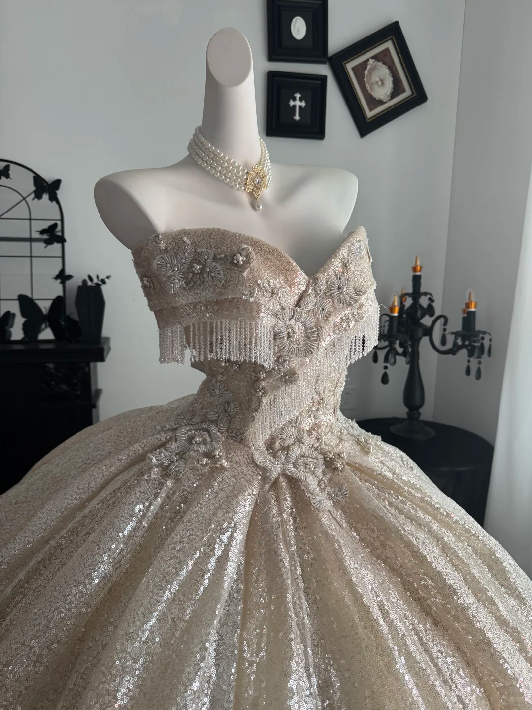 Sparkly Light Champagne Sequin Beaded Floral Sweet 15 Dress,Off The Shoulder Quinceanera Dress D3711