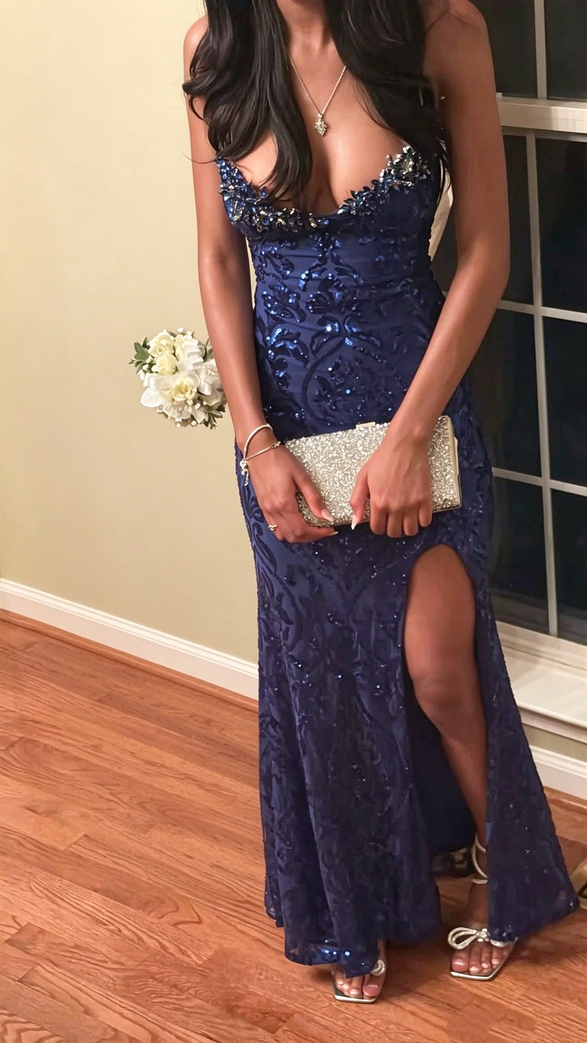 Elegant Spaghetti Straps Satin Tulle Sequin Beaded Prom Dress Navy Blue Mermaid Slit Long Evening Dress D5180
