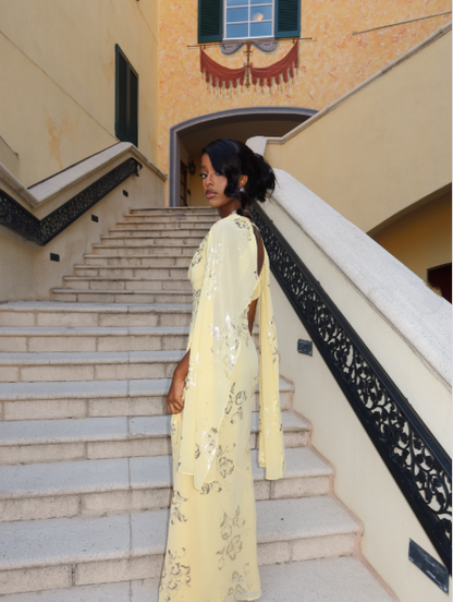 Pretty Yellow Chiffon Long Evening Dress Backless Birthday Party Dress D4962