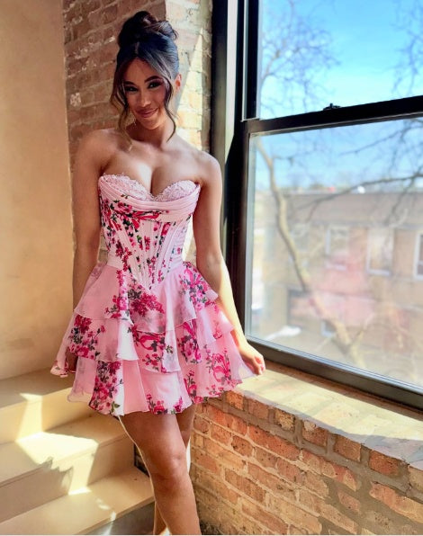 Pretty Sweetheart Neck Satin Chiffon Floral A Line Short Homecoming Dress,Pink Mini 15th Birthday Outfits D3674