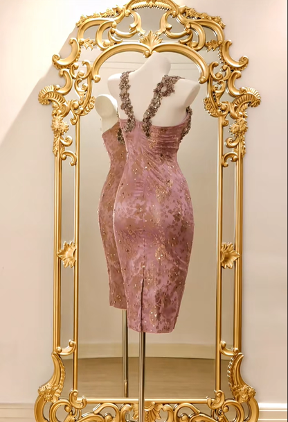 Retro Pink Satin Lace Beaded Sheath Prom Dress Party Dress D2738