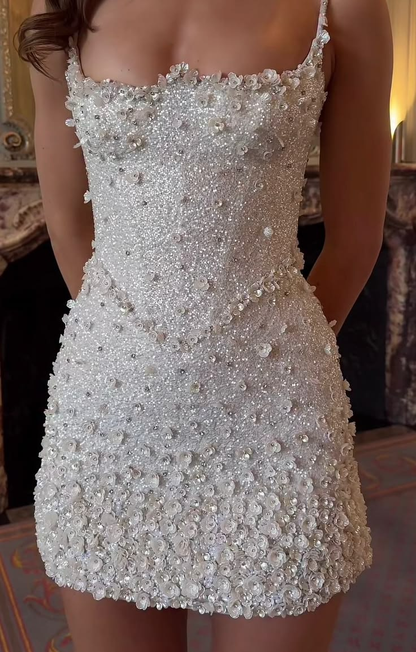 Shiny White Spaghetti Strap Mini Homecoming Dress, 3D Floral Rhinestone Sequin Sparkly Short Evening Dress D3162