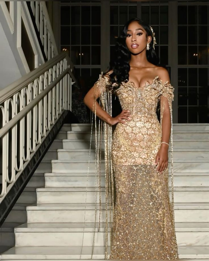 Luxurious Champagne Gold Off The Shoulder Sequin Beaded Mermaid Evening Dress Long Party Dress D1841