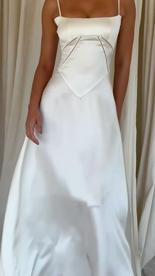 Classy Spaghetti Straps White Satin A Line Long Bridesmaid Dress Formal Prom Dress D858