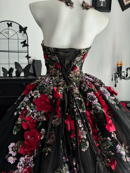 Pretty Black Quinceanera Dress Strapless Tulle Sequin Beaded Floral Sweet 16 Dress With Appliques D4717