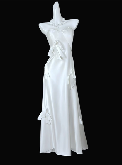 Fairy Sweetheart Neck White Satin Bow Long Party Dress Long Wedding Guest Dress D4167