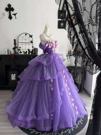 Pretty Purple Quinceanera Dress Off The Shoulder Tulle Appliques Sweet 15 16 Dress D4704