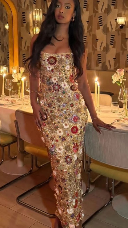 Vintage Spaghetti Straps Sequin Beaded Floral Long Party Dress Evening Gown D4365