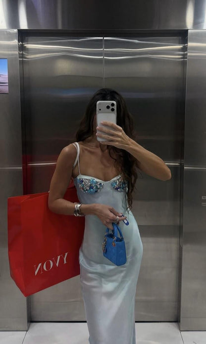 Fashion Spaghetti Straps Satin Sequin Party Dress Light Blue Mermaid Long Evening Gown D5314
