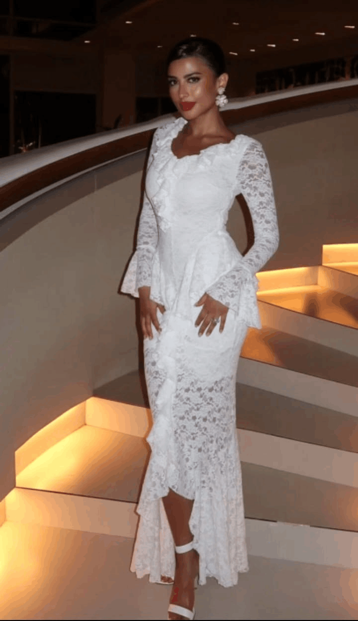 Elegant V Neck White Lace Ruffle Mermaid Long Party Dress Evening Dress D5054