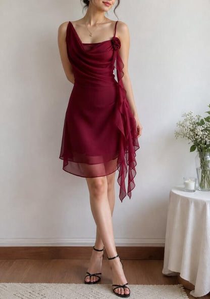 Vintage Burgundy Spaghetti Straps Chiffon A Line Short 8th Grade Homecoming Dress Cocktail Dress D4126