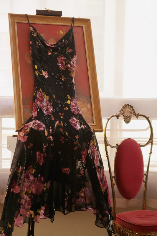 Vintage Black Spaghetti Straps Chiffon Print Floral Beaded Mermaid Evening Dress Long Party Gown D2774