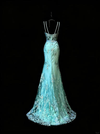 Unique Mermaid Spaghetti Straps Lace Tulle 1950s Long Evening Dresses Party Dress D4268