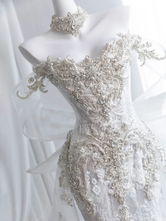 Beautiful Off The Shoulder White Tulle Lace Beaded Mermaid Long Wedding Dress D5086