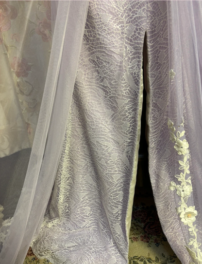 Pretty Strapless Tulle Lace Appliques Beaded Mermaid Slit Evening Dress Purple Birthday Party Gown D2189