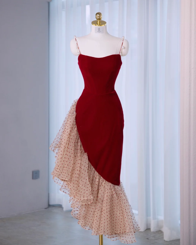 Vintage Red Velvet Ruffle Party Dress Mermaid Birthday Dress S310