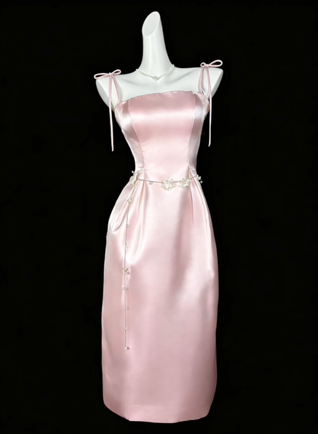 Pretty Spaghetti Straps Pink Satin Sheath Long Party Dress Evening Gown D4190