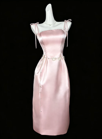 Pretty Spaghetti Straps Pink Satin Sheath Long Party Dress Evening Gown D4190