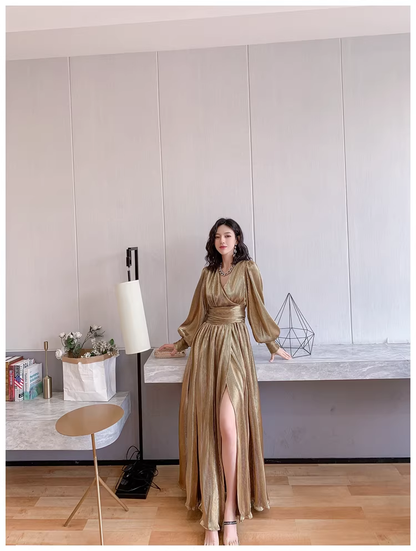 Unique Gold V Neck Satin Pleated Slit A Line Long Evening Dress Formal Wedding Guest Dress D2433