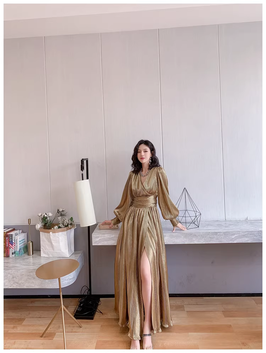 Unique Gold V Neck Satin Pleated Slit A Line Long Evening Dress Formal Wedding Guest Dress D2433