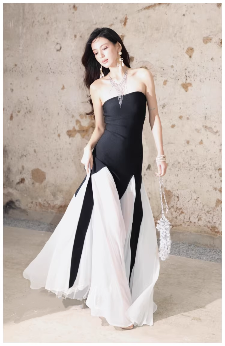 Pretty Strapless Satin Chiffon Mermaid Long Evening Dress Formal 17th Birthday Outfits D2444